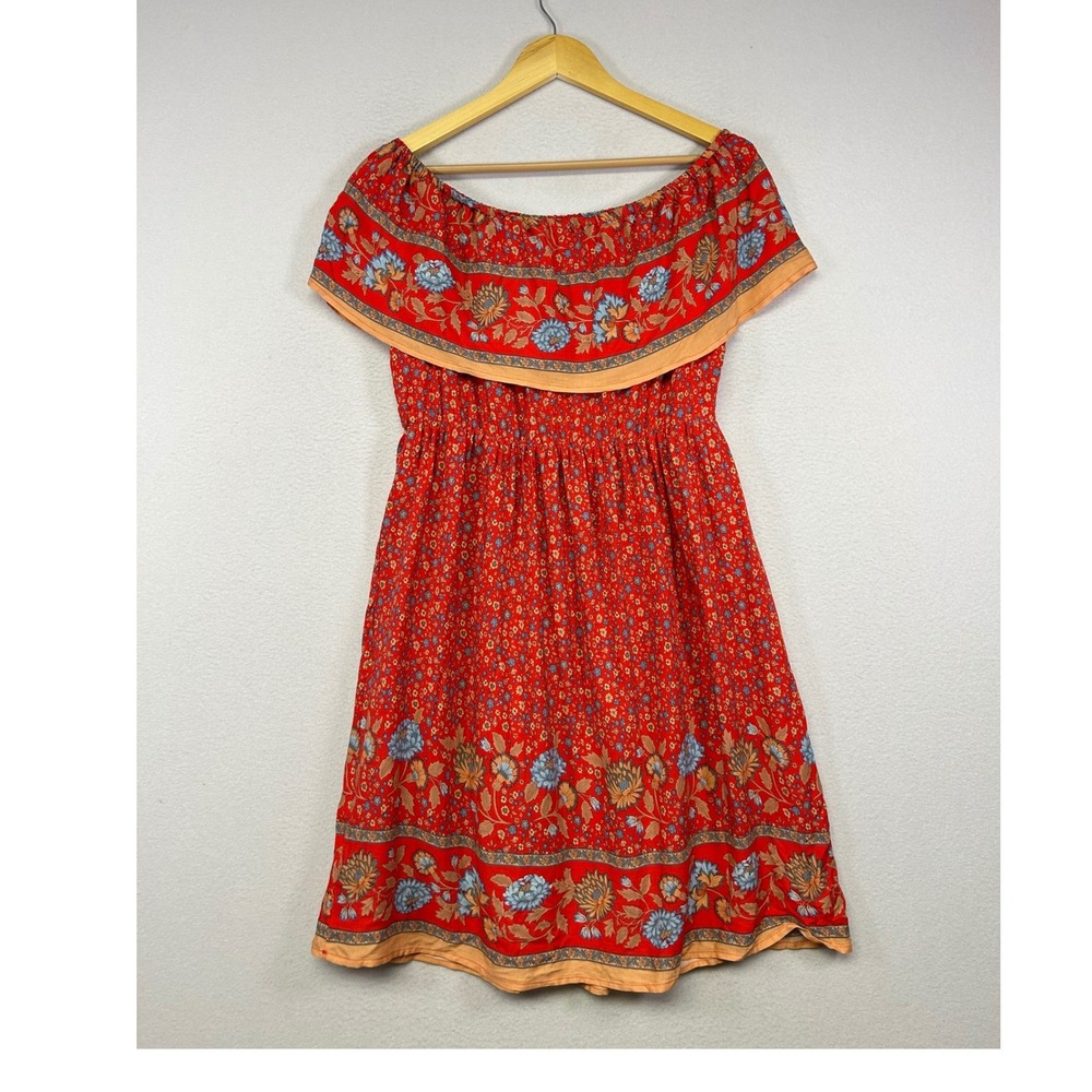 Boho Peasant Chloes Red Floral Off Shoulder Smocked Ruffle Mini Dress‎